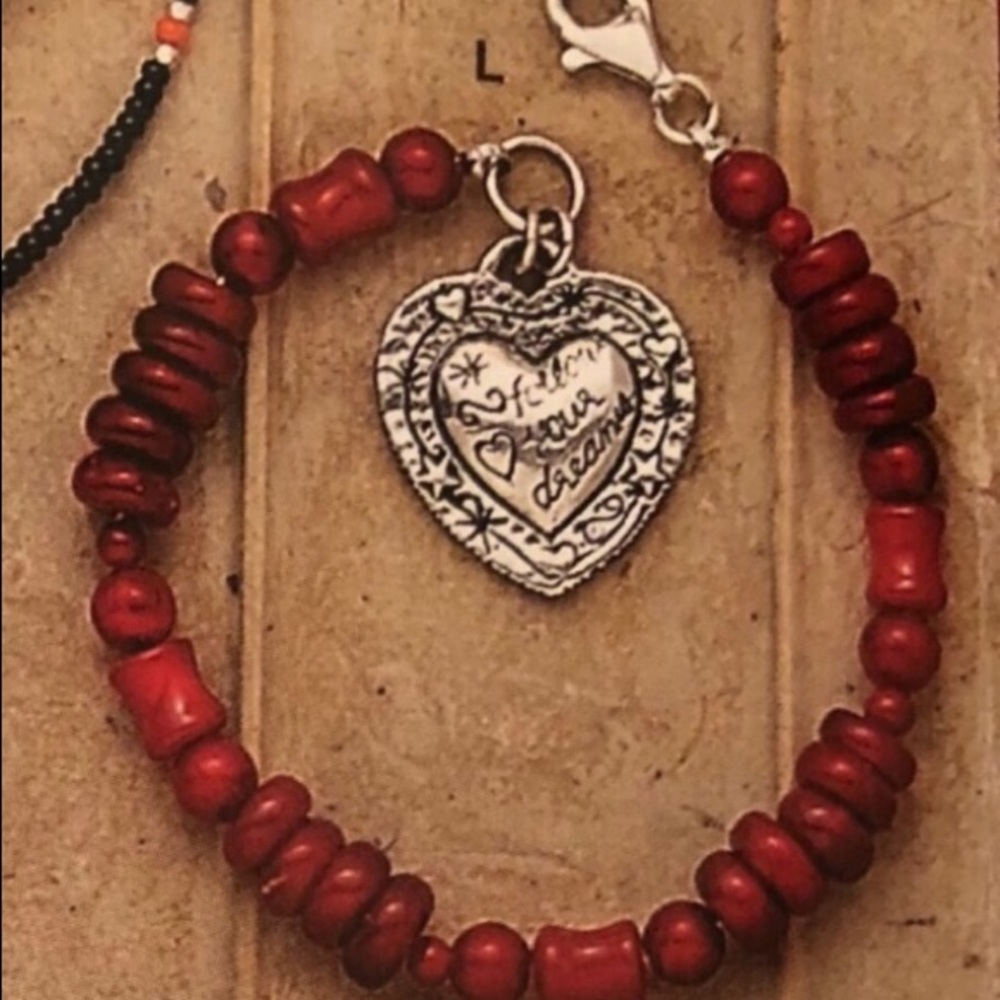 Rare Vintage Silpada Red Coral Sterling Silver Heart Charm Bracelet B0937